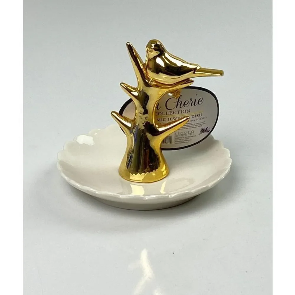 Sicura Qui Cherie Collection Ceramic Bird Jewelry Trinket Dish Small Gold White